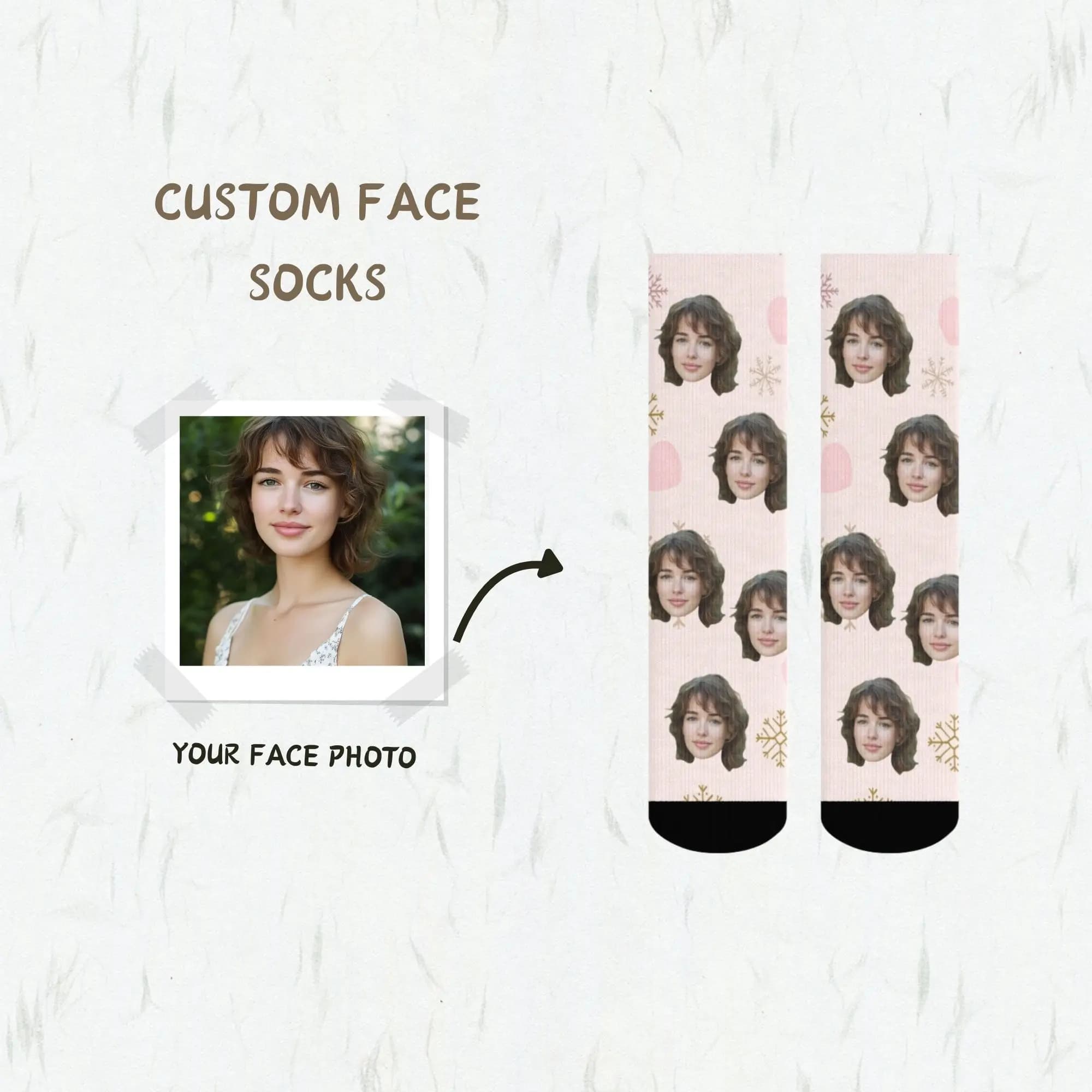 Sweet Romantic Personalized Custom Face & Gold Snowflake Pink Socks Light Pink with Pink Dots Warm Heart Gentle Holiday Gift