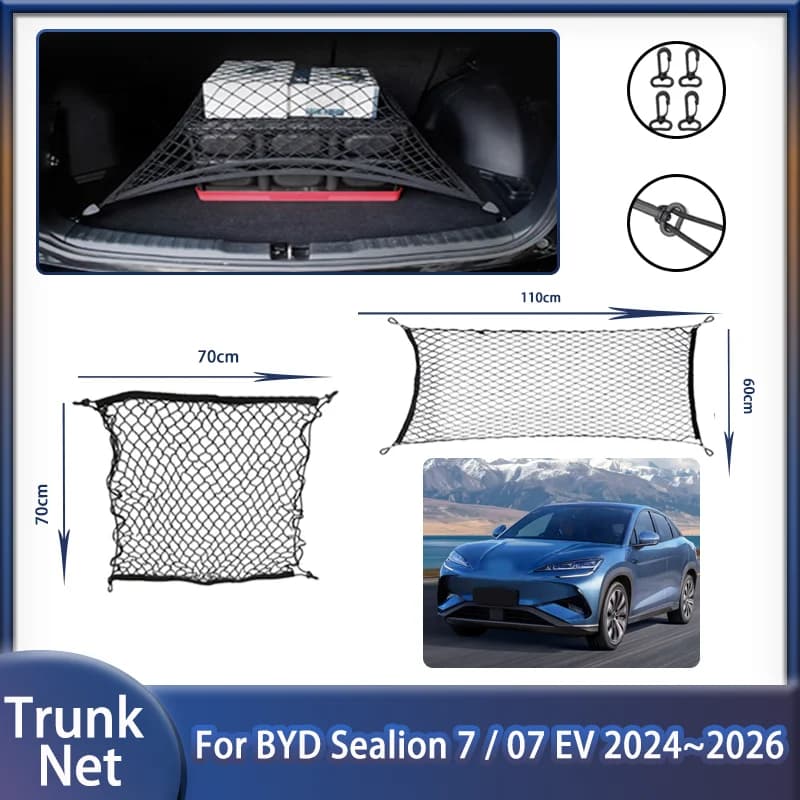 Car Rear Trunk Net For BYD Sealion 7 07 EV 2024~2026 Storage Wear-resistant Cargo Holding Luggage Nylon Organizer Auto Interior