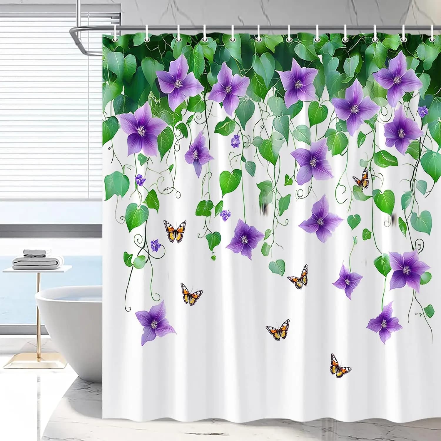 Tenda da doccia floreale viola Foglie verdi Viti Farfalla Rustico fattoria Piante da fiori Primavera Natura Arredamento bagno Poliestere