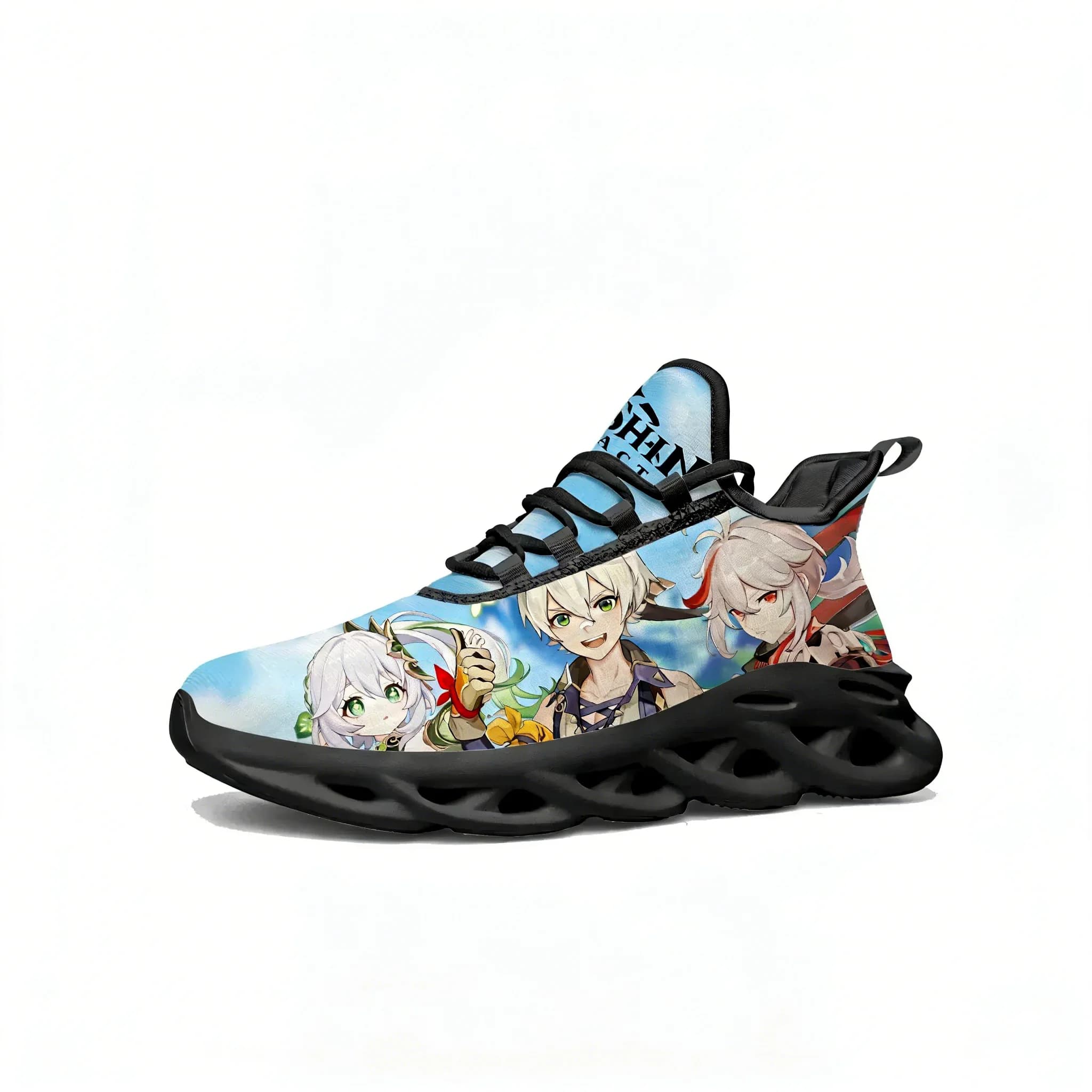 Scarpe da ginnastica piatte Anime Cartoon Game Genshin Impact per uomo e donna, scarpe sportive da corsa su misura con lacci