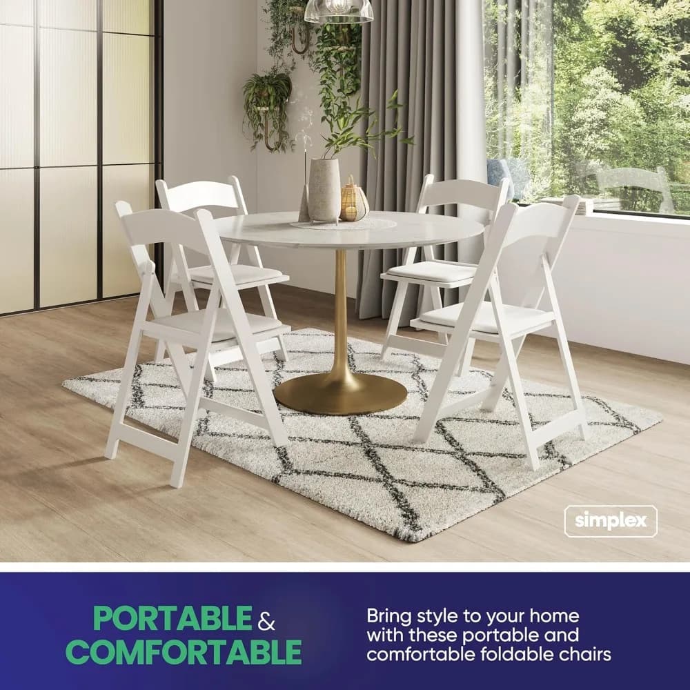 4 white folding chairs – Stackable folding chairs in resin with thickened cushions – Comfortable white folding chairs for interiors.
