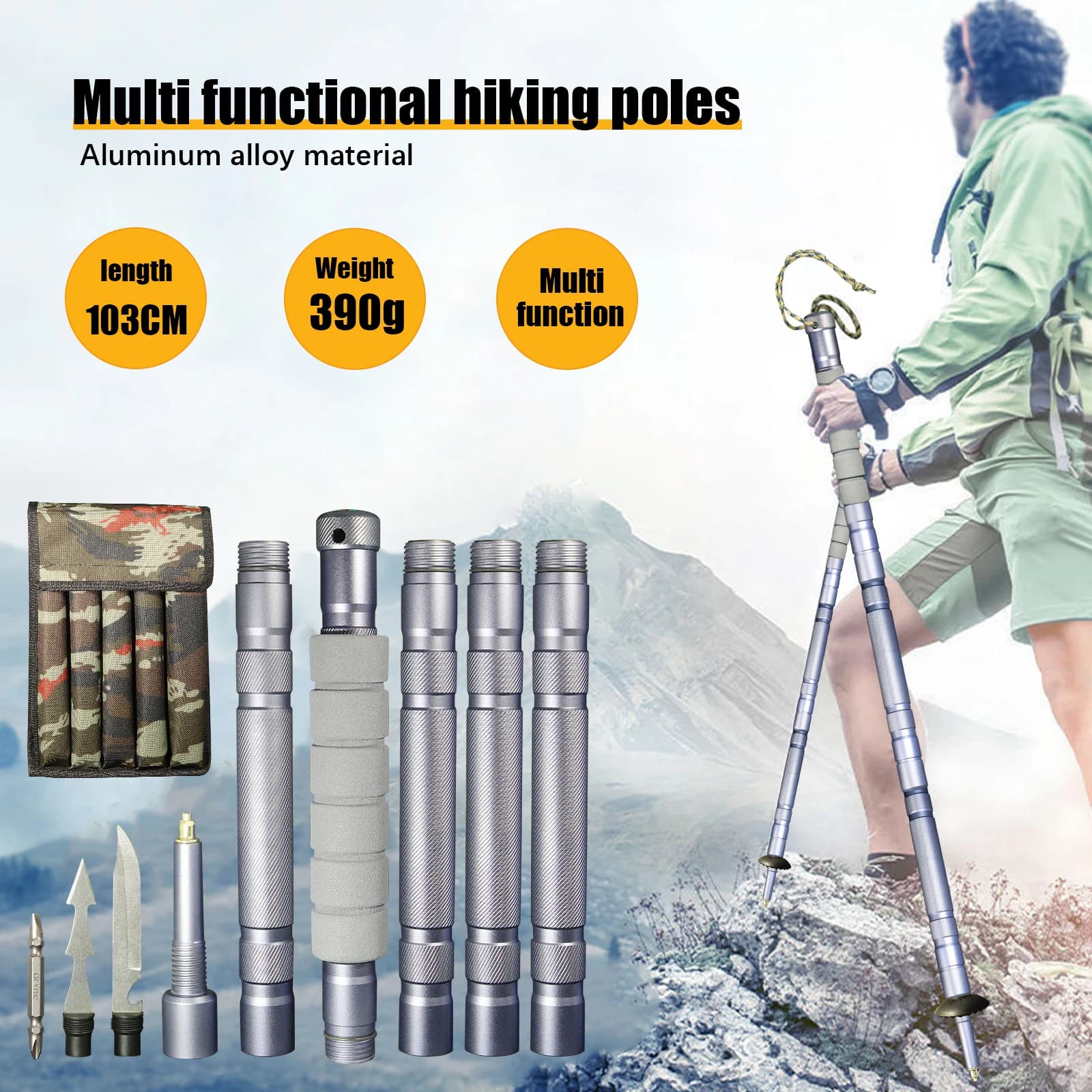 Strumento di sopravvivenza multifunzionale, bastone da trekking smontabile in 5 sezioni in lega di alluminio, bastoncini da trekking, kit di strumenti di sopravvivenza per esterni