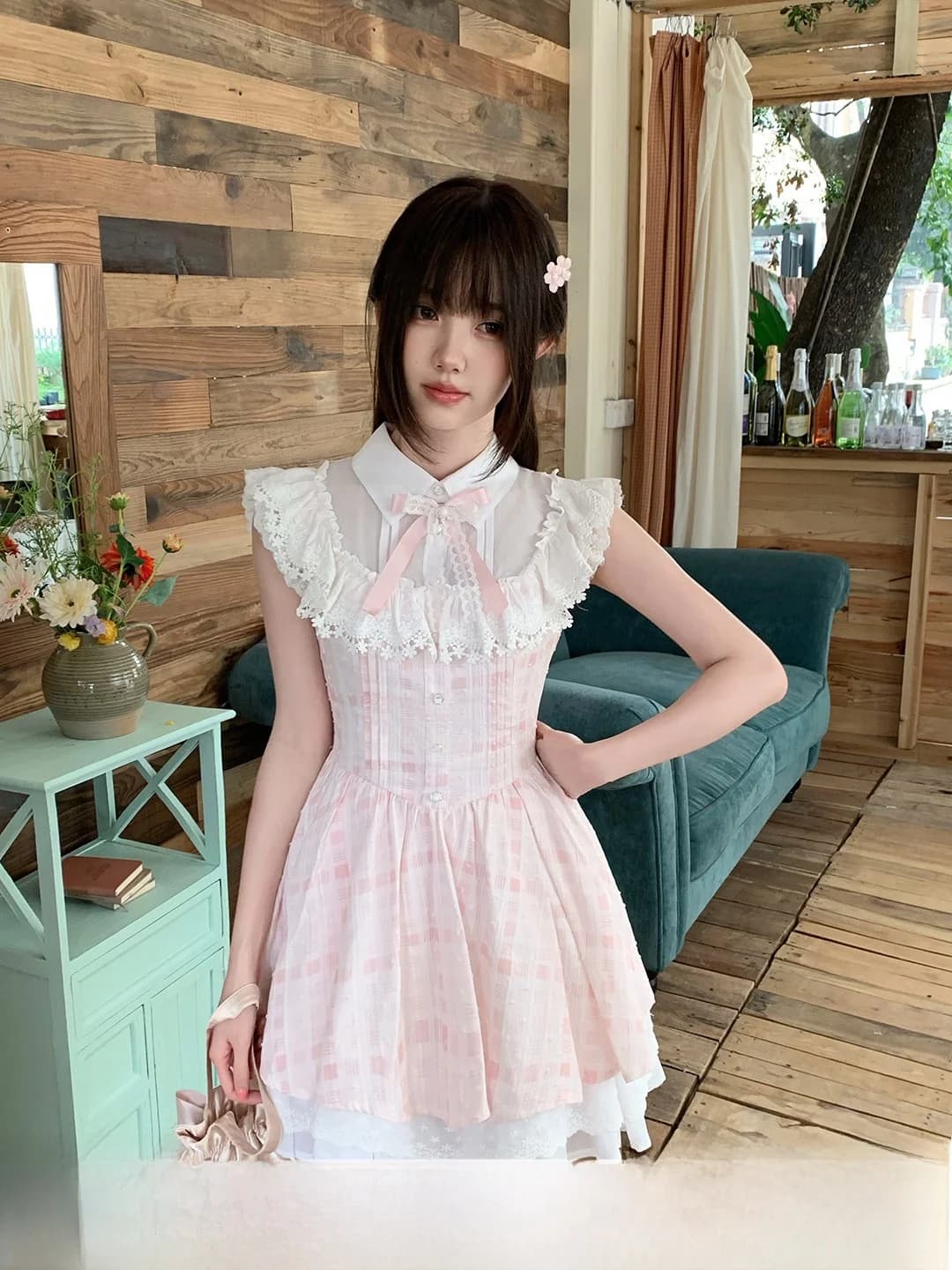 Abito gonna rosa a quadri stile ragazza dolce, gonna a balze con vita arricciata, maniche a volant, serie principessa, misto poliestere e cotone