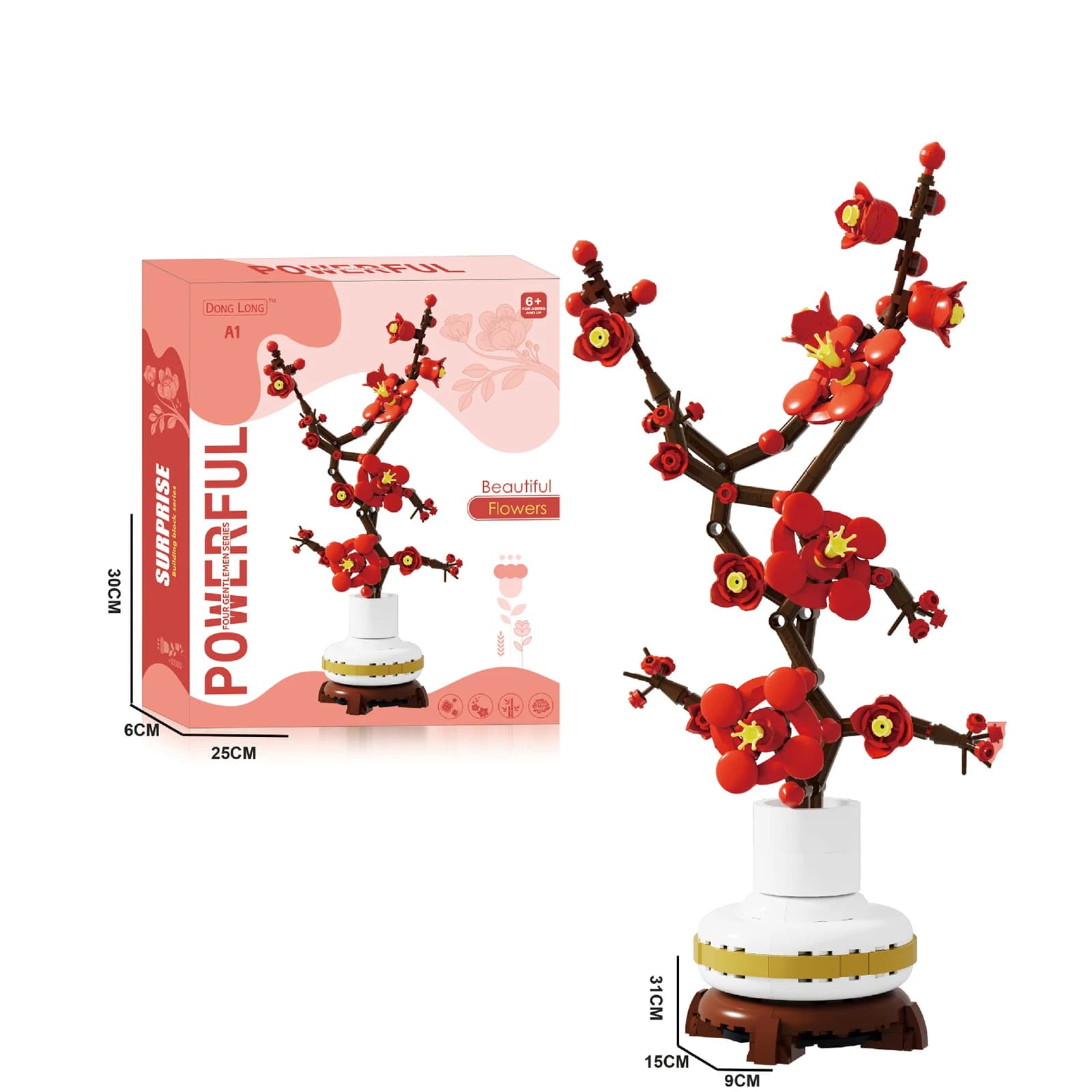 Stemedu 6672-A1 291PCS Plum Blossom, Flower in Pot Building Blocks, Floral Plant Desk Bonsai Decor