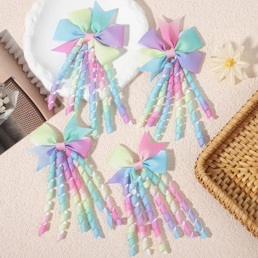 36pc Baby Girl Rainbow Color Glitter Ribbon Bow Hair Clips 3 Inch Long Tassel Barrettes Kids Hair Accessories Bulk