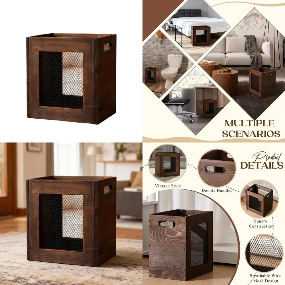 Bidone della spazzatura rettangolare in legno massello con manico, cestino della spazzatura in stile rustico per scrivania, camera da letto, ufficio, dormitorio