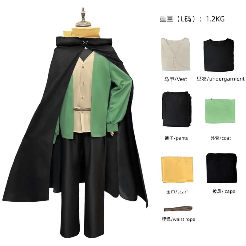 Costume Cosplay Anime Re:Zero - Natsuki Subaru: Mantello Nero, Top Verde, Gilet Beige - Costume per Roleplay
