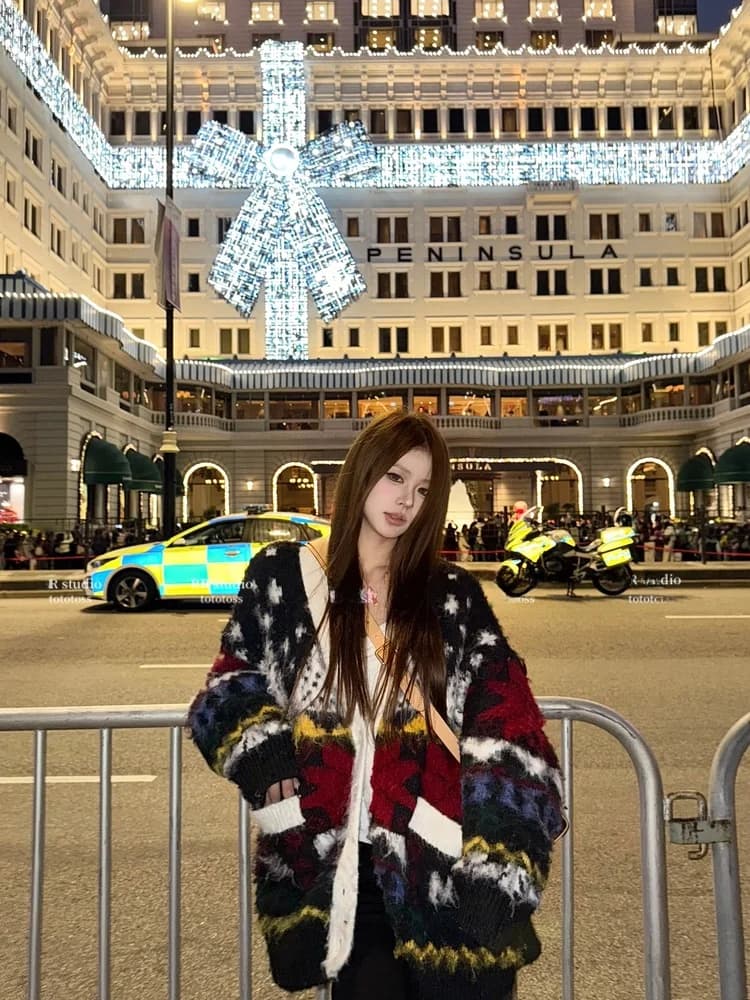 Maglione Ricamato Mengzi Feilao Island da Donna, Stile Rilassato, Atmosfera Invernale, Top Lavorato a Maglia in Cotone con Scollo a V e Maniche Lunghe