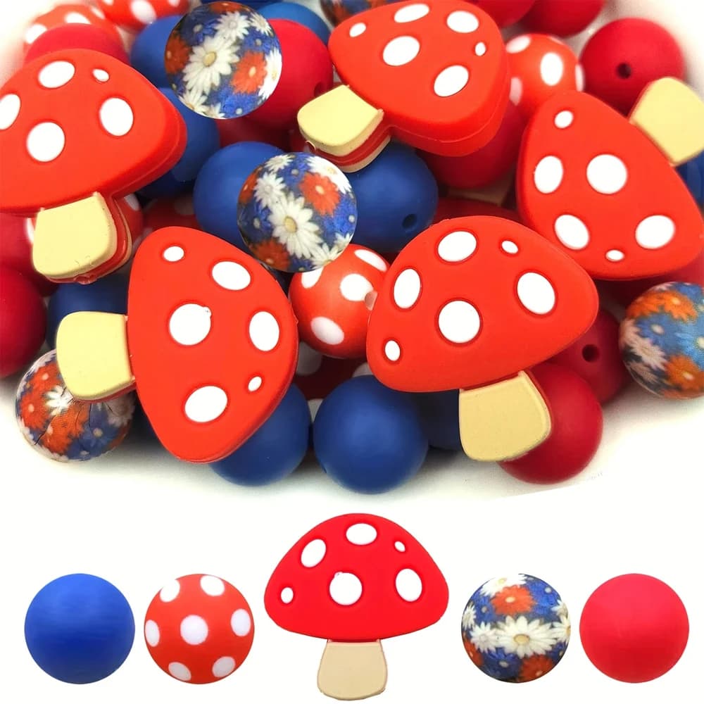 Set di 25 graziosi perline in silicone a forma di fungo, perfetti per l'artigianato fatto a mano fai-da-te come portachiavi, collane, bracciali, ecc.