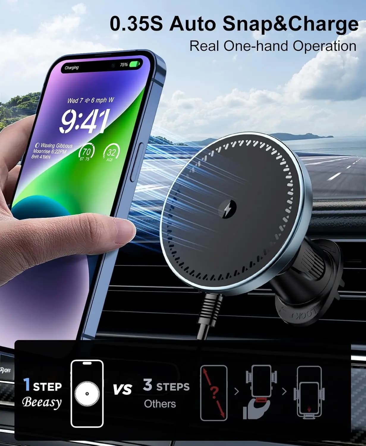 UYUXIO Magnetic Car Phone Holder 15W Quick Charge Air Load Strong Magnet Wireless Car Charger for iPhone 16 15 14 12 13