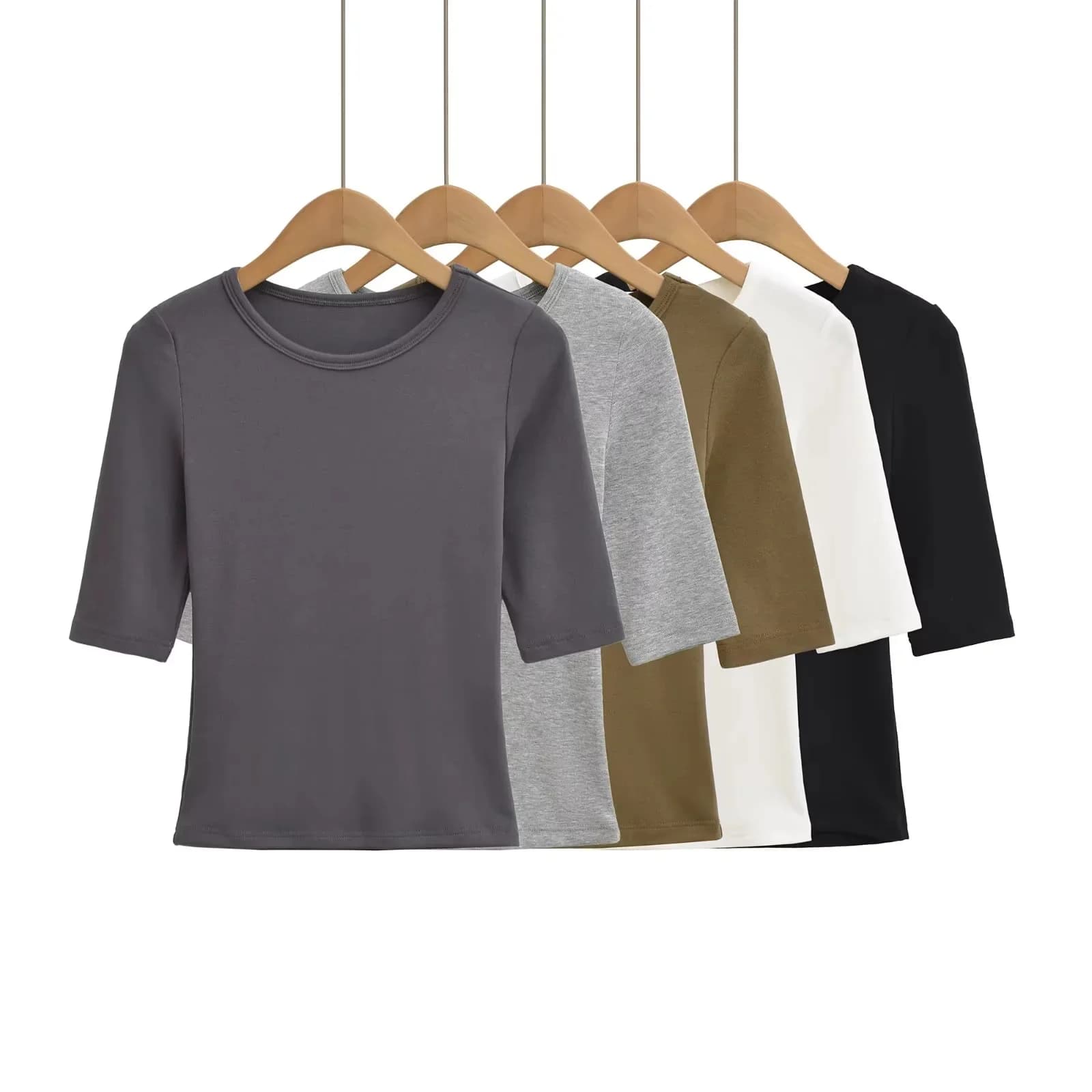 Sexy Slim Fit round Neck mid Sleeve T Shirt Women Pure Color Versatile Body Shaping Thinming Hot Girl Base Top Pure Desire Style