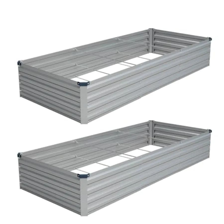 Set of 2 Rectangular Steel Containers Zincato 9x3x1FT for Raised Bear, Metallic Exterior Planter for Vegetables, Easy to Fit