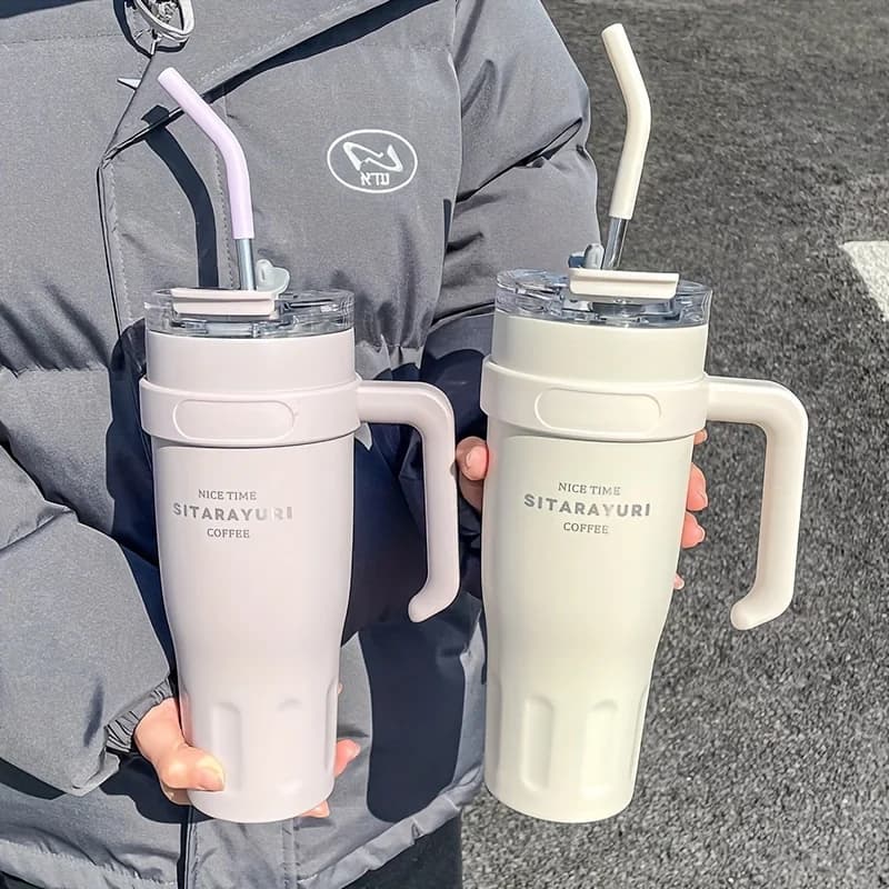 1pc 1140ML Minimalist Stainless Steel Tumbler, Dual Drink Lid with Handle, Portable for Car Office & Fitness