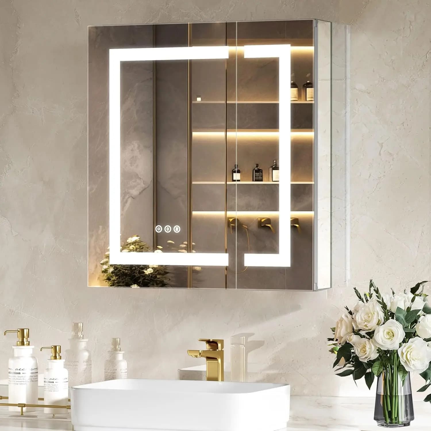 Specchio LED per Armadietto Medicinali da Bagno, 2 Ante, Vetro Temperato, Prese Elettriche, USB, Dimmerabile a 3 Colori, Antiappannamento, Ripiano Personalizzabile