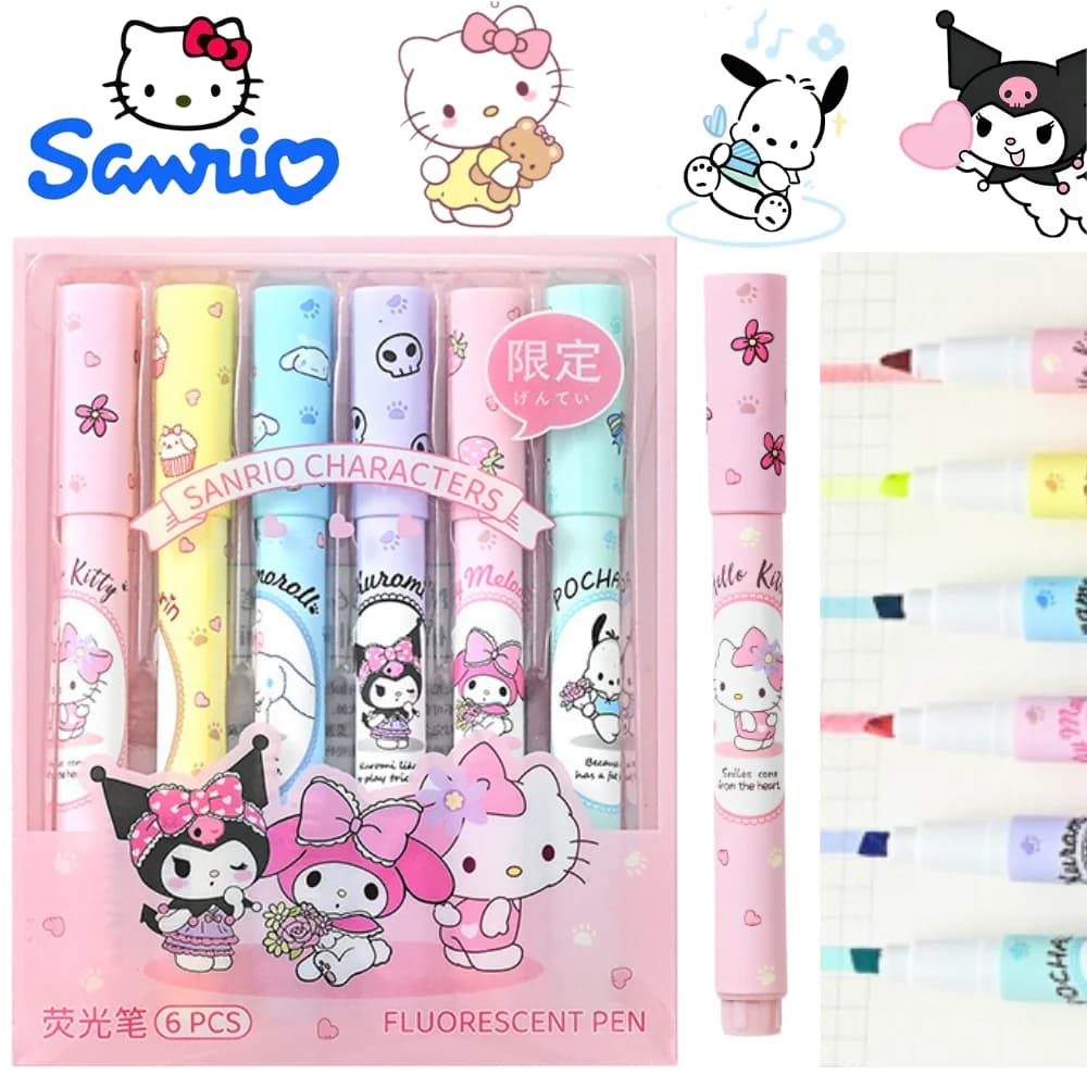 NUOVO Set di 6 Evidenziatori Kawaii in Colori Pastello, Penne Fluorescenti con Punta Morbida per Studenti, Scuola e Ufficio