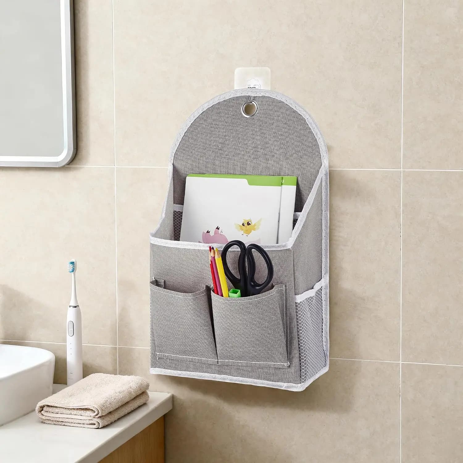 `Wall Mounted Storage Bag, Fabric Hanging Organizer Pockets with Sticky Hooks for Bedroom Bathroom Kitchen Office`