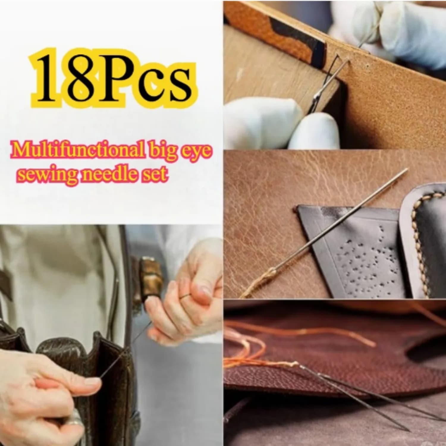 Set di 18 Aghi da Cucito Multiuso con Occhiello Grande, Kit di Aghi Resistenti per Cucito a Mano e Lavori Domestici Quotidiani