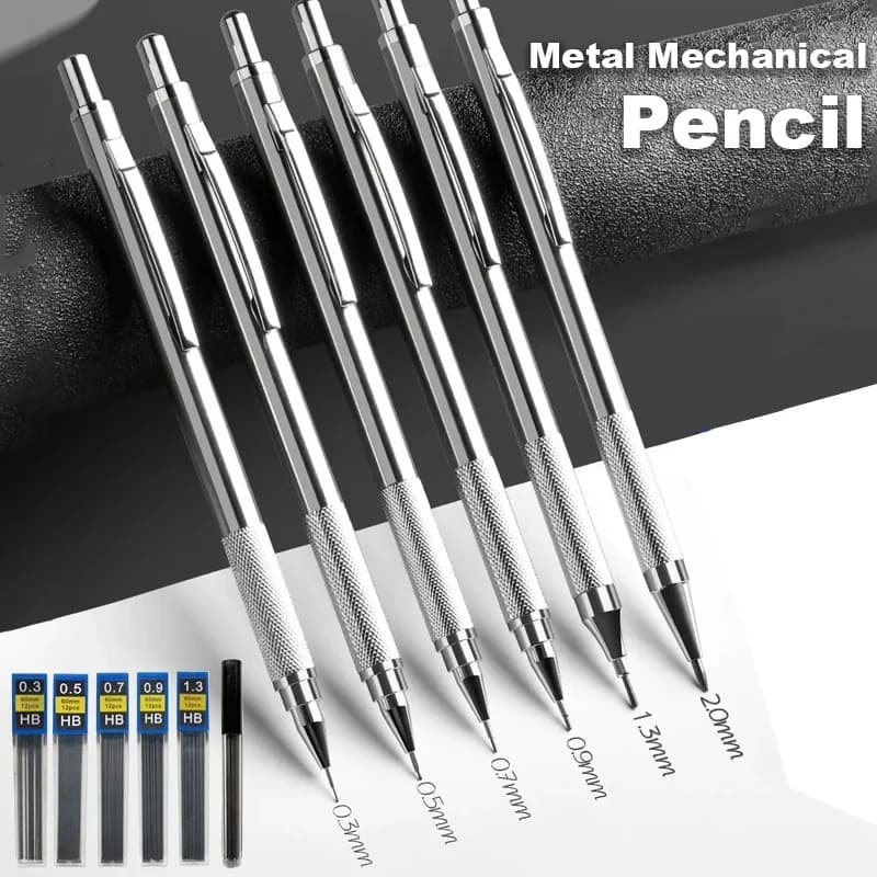 0.3 0.5 0.7 0.9 1.3 2.0mm Metal Mechanical Pencil Set School Art Sketch Writing Stainless Steel Automatic Pencils Art Supplies