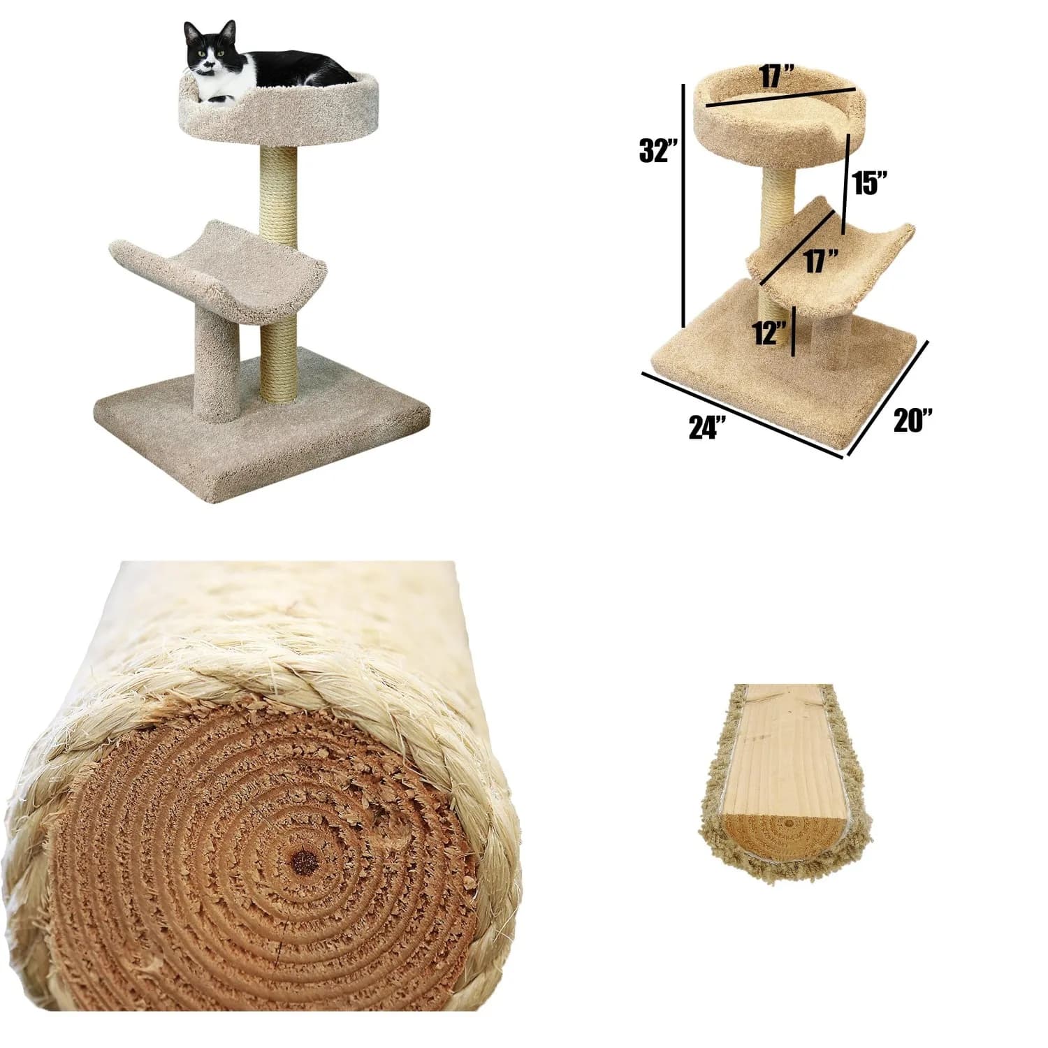 Coastal Cool Cat Trees - Cuccia per Gatti in Legno Massello - Per Tutte le Taglie di Gatti, Realizzata in Legno Massello e Tappeto in Peluche - Personalizzabile