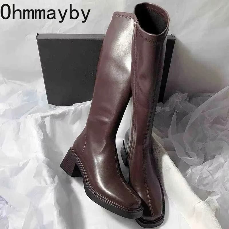 Women's High Knee Boots with Vintage Thick Heel Fashionable Side Hinges Shoes Autumn Winter Women's Concise Botas De Mujer Long