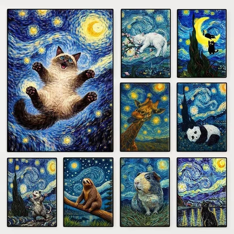 Diamond Painting Van Gogh Starry Night Funny Animals Cat Opossum Diamond Mosaic Handmade Art Exquisite Creative Gift Home Decor