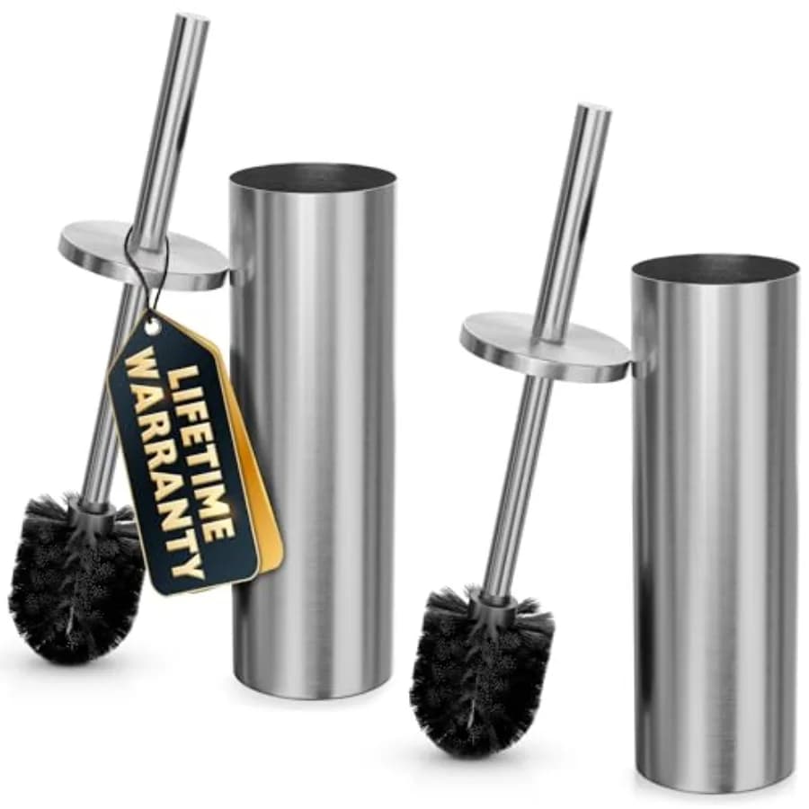 Set di 2 Pezzi Elegante Spazzola per WC in Acciaio Inossidabile con Supporto - Spazzola e Supporto per WC Argento con Copertura Antispruzzo e Setole Robuste