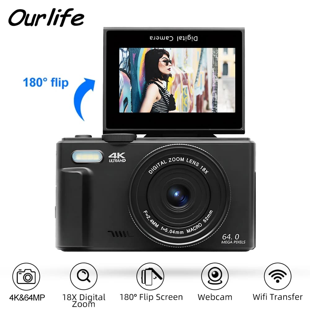 Ourlife Fotocamera digitale compatta per fotografia Videoregistratore vintage con zoom digitale 4K 18X 180 ° Fotocamere con schermo ribaltabile WebCam WiFi