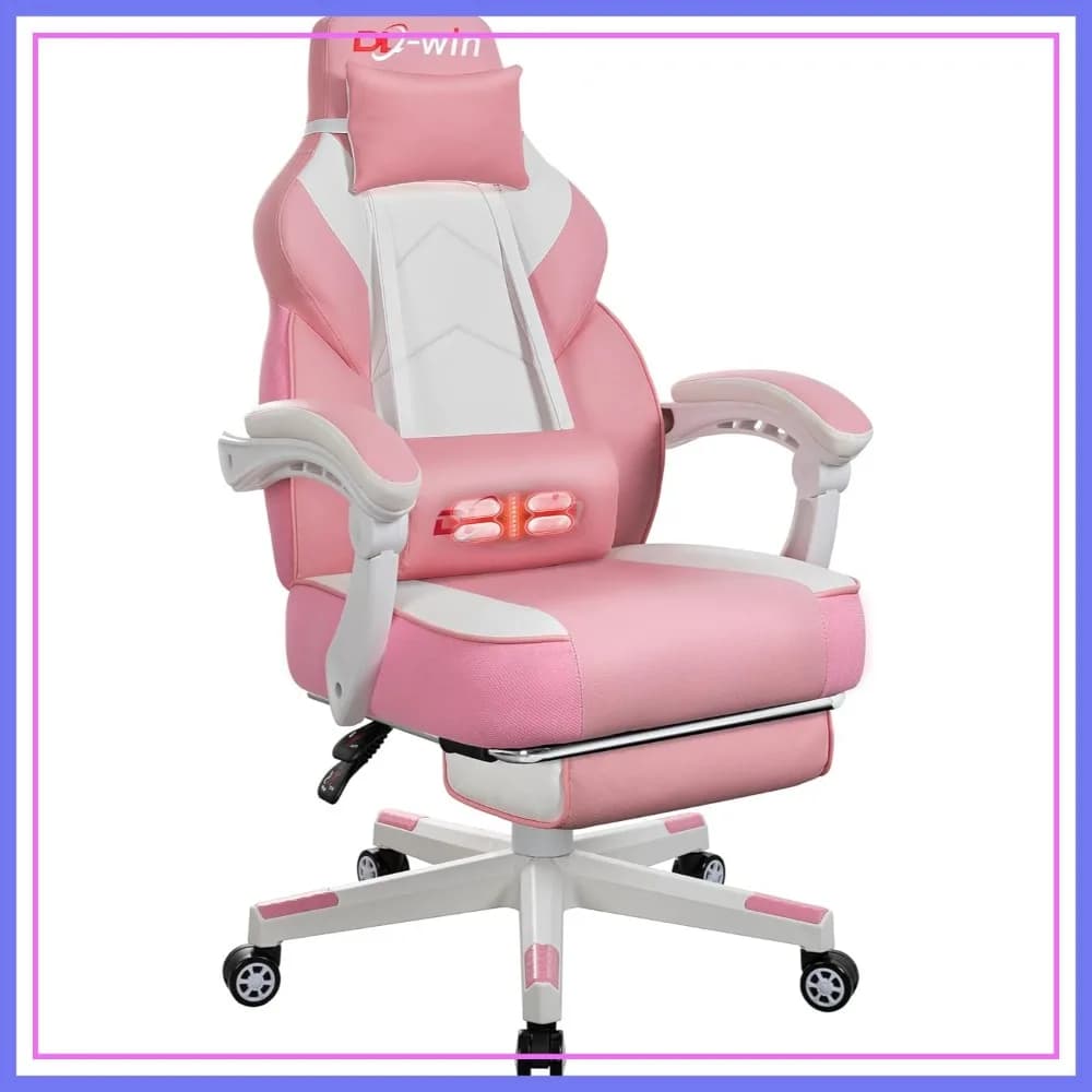 Sedia da Gaming Ergonomica con Poggiapiedi, Supporto Lombare, Rotazione a 360° ° Girevole, Rosa