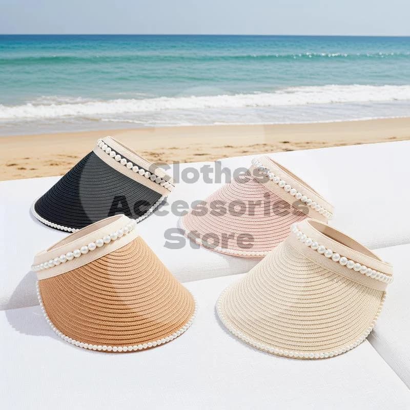 Cappelli di Paglia con Perle Finte per Donne, Estate 2024, Visiera Aperta, Elegante Copricapo da Spiaggia per Vacanze all'Aperto