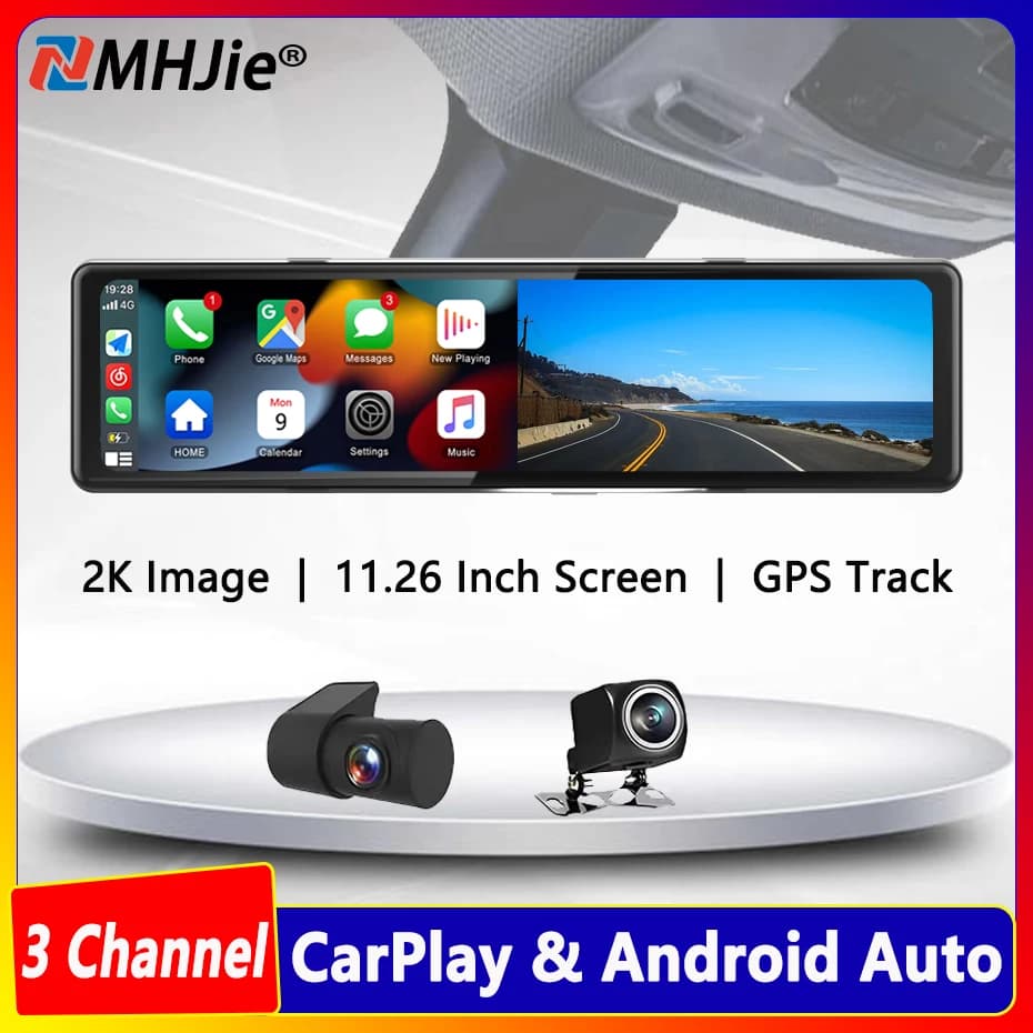 Dash Cam to 3 Cameras with Carplay and Android Auto, 2K 2560*1440P, Retrovisor Mirror with Video Recording, WIFI, GPS, Loop Registration, Smartphone App, DVR for Cars