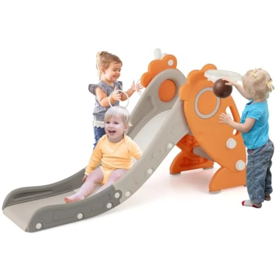 Scivolo per Bambini 4 in 1, Scivolo Pieghevole da Interno con Arrampicata, Canestro da Basket e Lancio dell'Anello, Set da Gioco Pieghevole Autoportante per Bambini