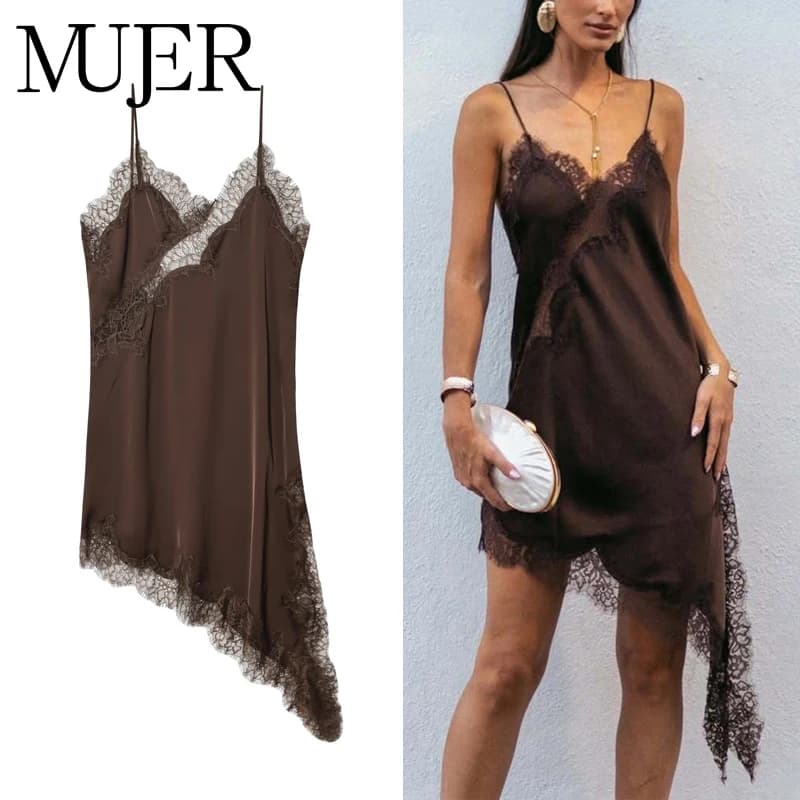 MUJER Mini Underwear Lace Summer Dress without Backrest in Satin Woman Dress Asymmetrical Women's Party Dress Sexy Beach Dresses for Women