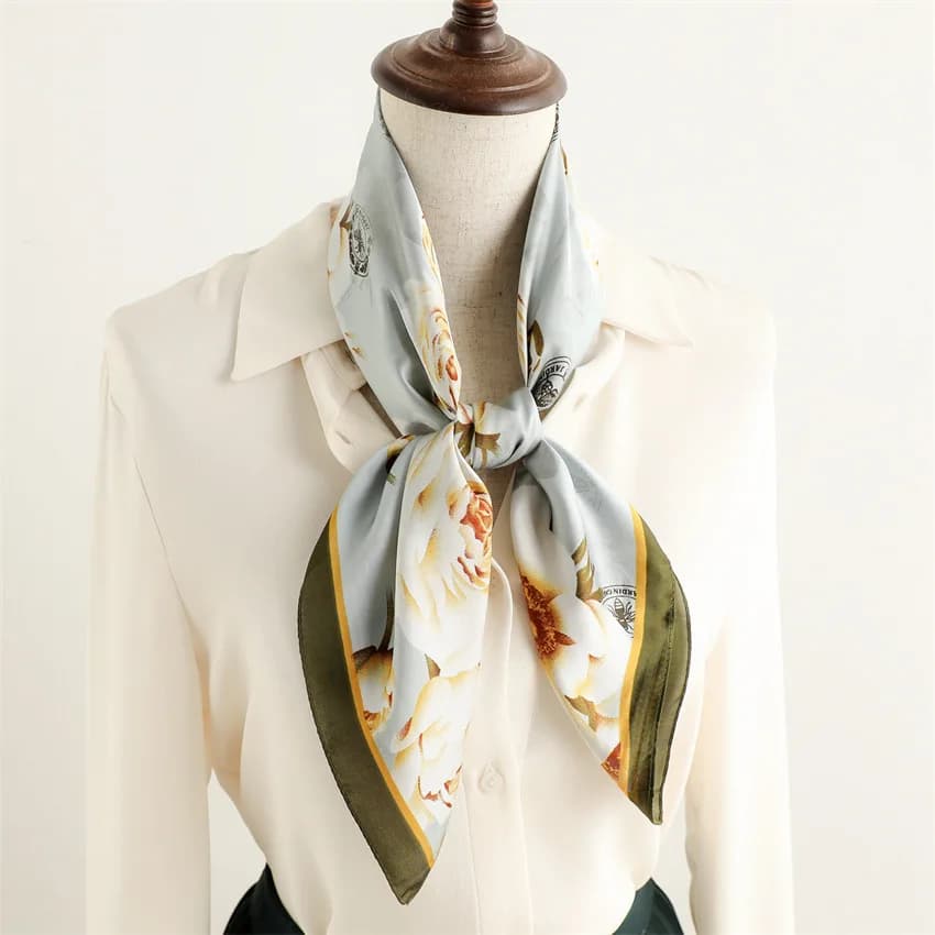 Square silk scarf with rose print, 70 cm, smooth summer scarf in satin, bandana, hair band, hijab, headdress