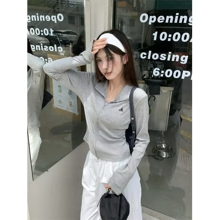 Korean Style Zipper Long Sleeve Hoodie Women's Slim Fit Casual Top Stand Collar Open Cardigan Gray Color Autumn Fashion