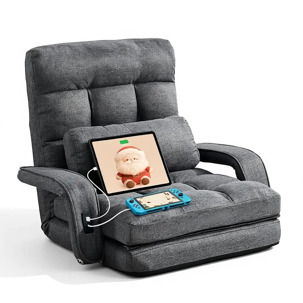 Poltrona da Gaming Grigia con 2 Porte USB per Ricarica, Comodo Divano Relax con Braccioli per Meditazione, per Soggiorno