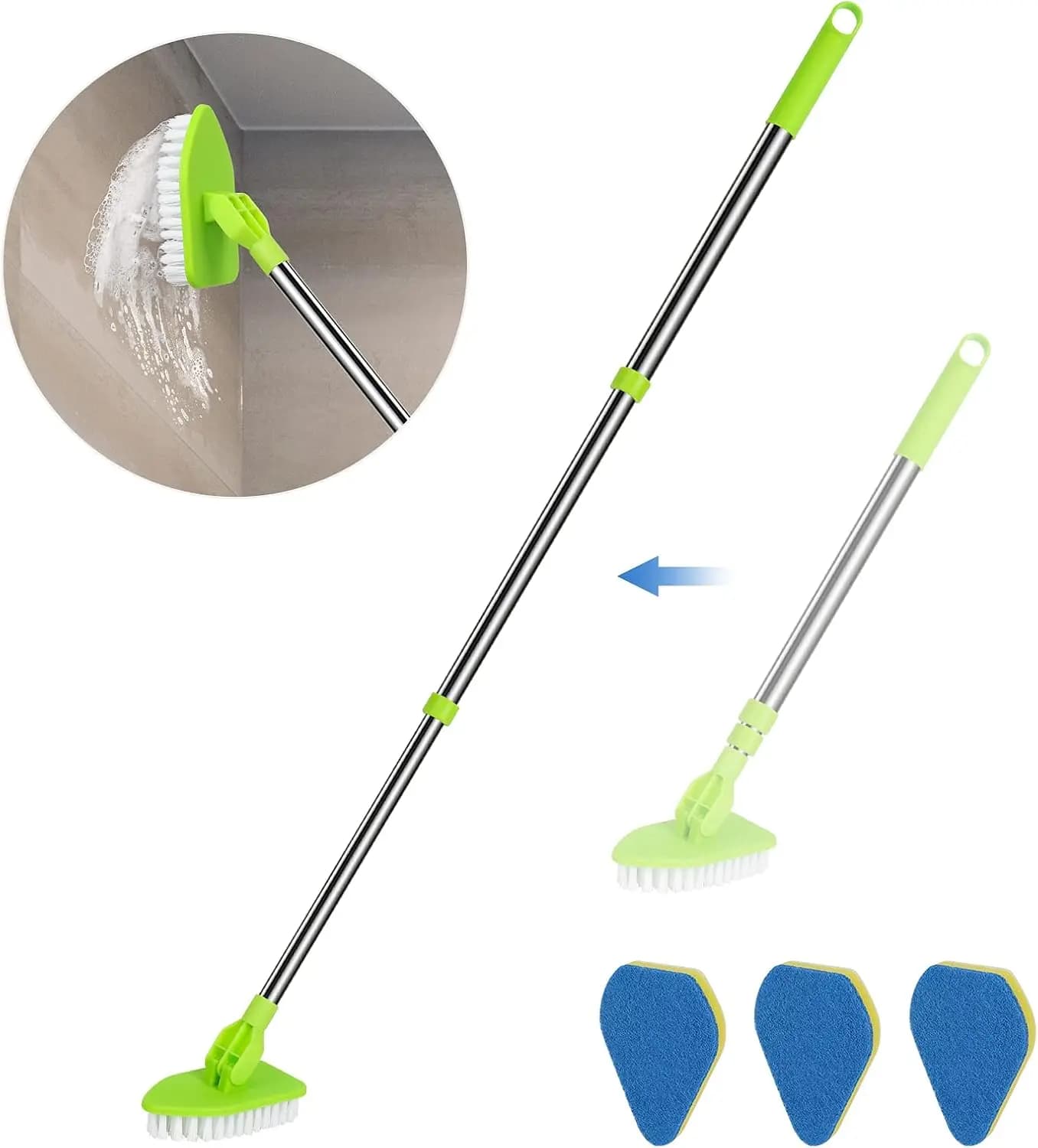 2 in 1 Scrub Cleaning Brush with 37" Long Extendable Handle, Stiff Bristle and Sponge Brushes for Bathroom Shower Bathtub Glass