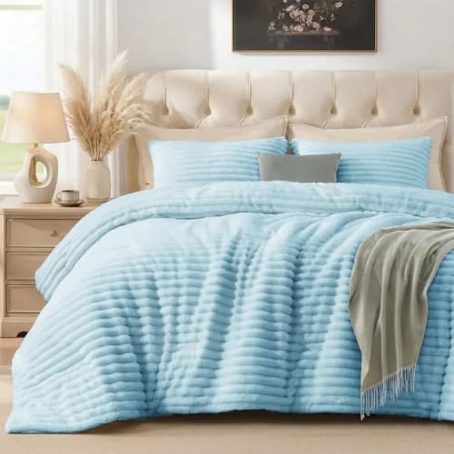 Set Copripiumino in Pile Effetto Marshmallow, Set Copripiumino in Finta Pelliccia Blu Chiaro, Set Biancheria da Letto di Lusso, Set Letto Morbido e Caldo in Peluche