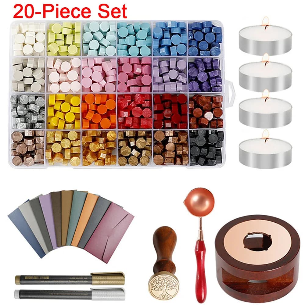 Set di 20 Sigilli in Cera con Pellet di Cera, Fornello per Cera, Penna, Candela per Sigillatura Decorativa di Buste e Inviti