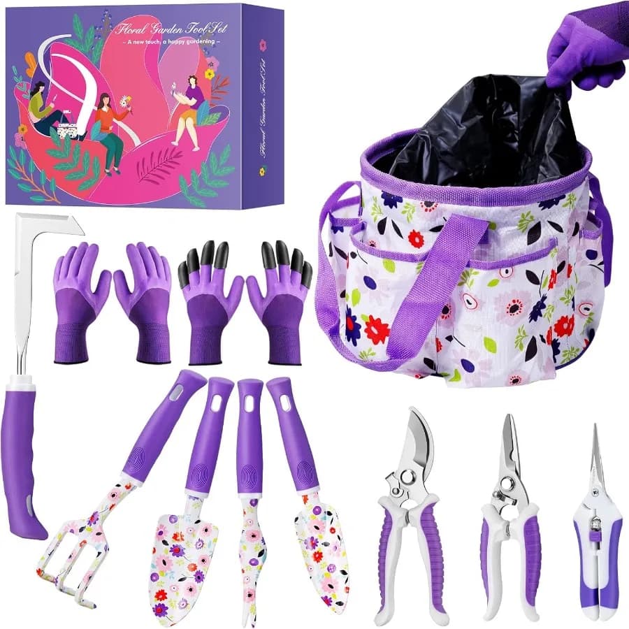 Purple Floral Garden Tools Set for Women: Heavy Duty Gardening Tools Kit with Shear Shears and Bearing Bag