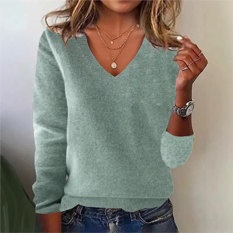 Maglione da donna con scollo a V Elegante pullover a maniche lunghe con finiture a costine Top base in lana lavorata a maglia solida da indossare