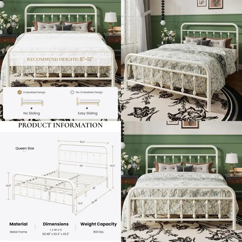 Queen bed with white metal platform with wrought iron headboard, platform, easy assembly, storage space, without need of springs