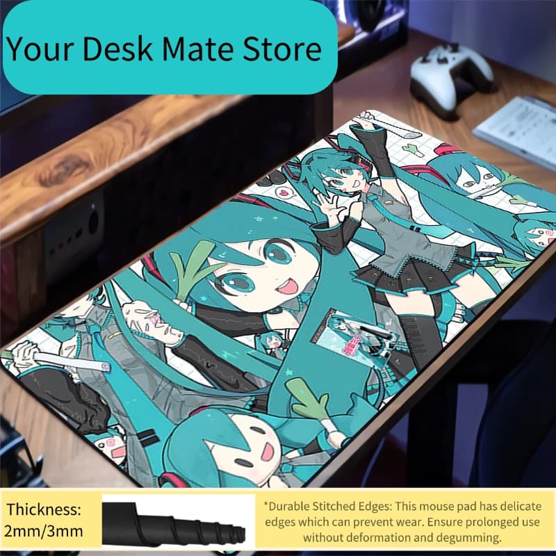 Tappetino per Mouse da Gaming Esteso con Collage di Hatsune Miku Chibi, Antiscivolo, Grande Tappetino da Scrivania