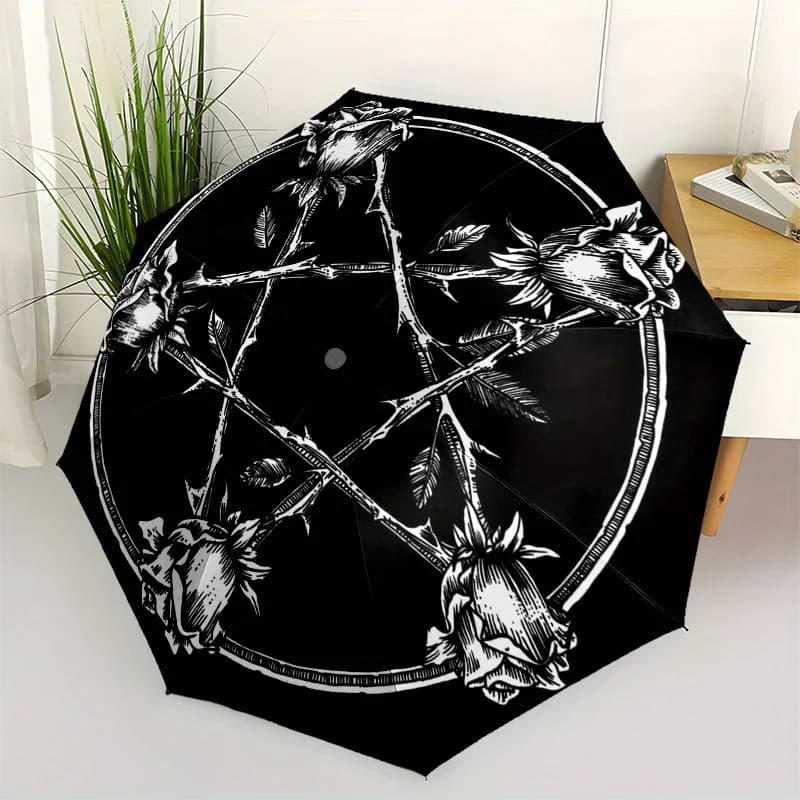 T-shirt con simbolo floreale a pentagramma - T-shirt con design unico effetto tatuaggio - Ombrello - Ombrello carino con design accattivante, portatile, compatto e pieghevole in 3 parti