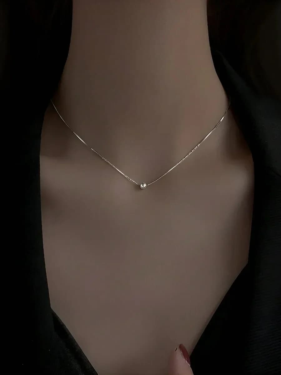 ELSEDES 1pc Stylish & Charming S925 Silver Simple Beaded Choker Necklace For Women's Daily, Party Wear