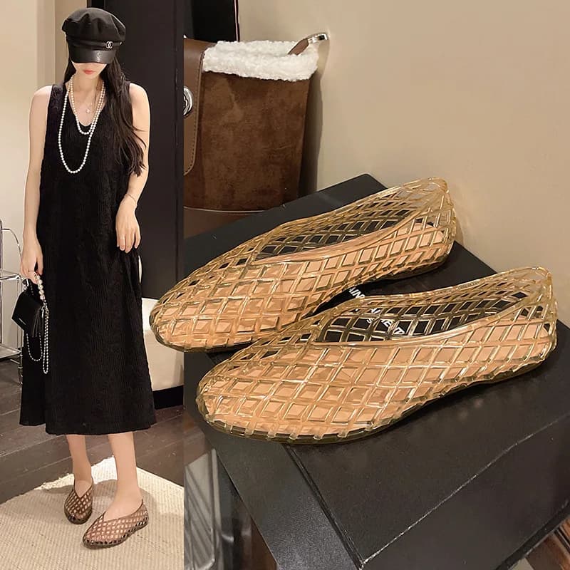 New Hollow Transparent Jelly Elastic Crystal Bag Head Versatile Flat Bottom Breathable Comfortable Mary Jane Single Shoes