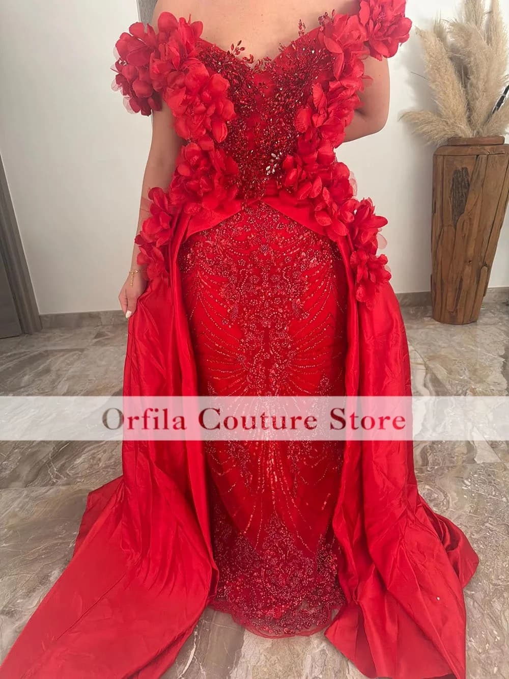 Bespoke Red Prom Dress With Train 2026 Off Shoulder Sequin Crystal Matric Farewell Dresses Mermaid Evening Party Gown Customized