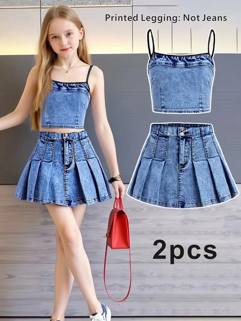Completo da ragazza in finto denim a 2 pezzi – Top corto con stampa denim e minigonna a pieghe (tessuto non denim)