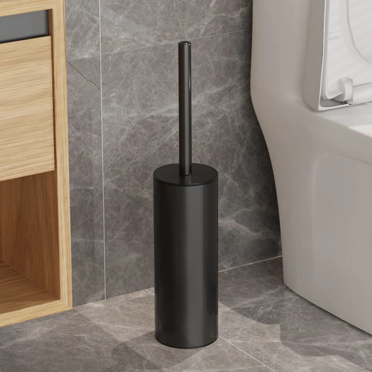 Stainless Steel Toilet Brush with Holder Black Freestanding Long Handle Bathroom Cleaning Brush Set for WC Restroom
