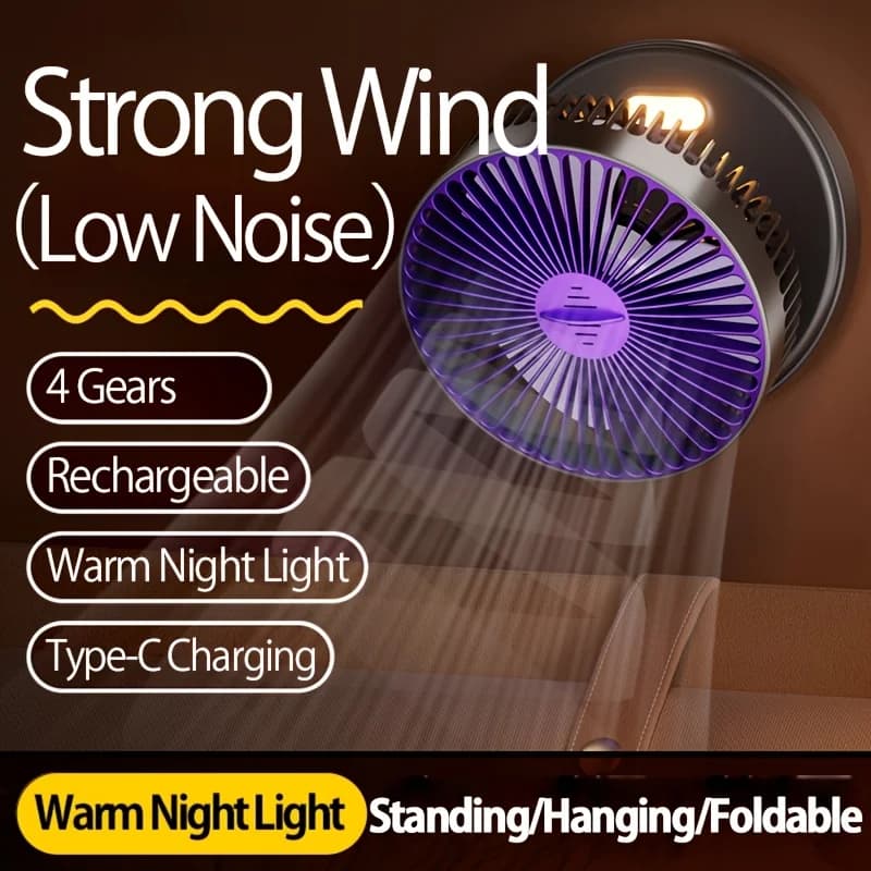 Ventilatore da tavolo e da parete 2 in 1, 4 velocità, 90° ° Ventilatore USB Portatile Pieghevole, Ricaricabile 1200mAh/4800mAh, Luce Calda, Silenzioso per Uso Domestico