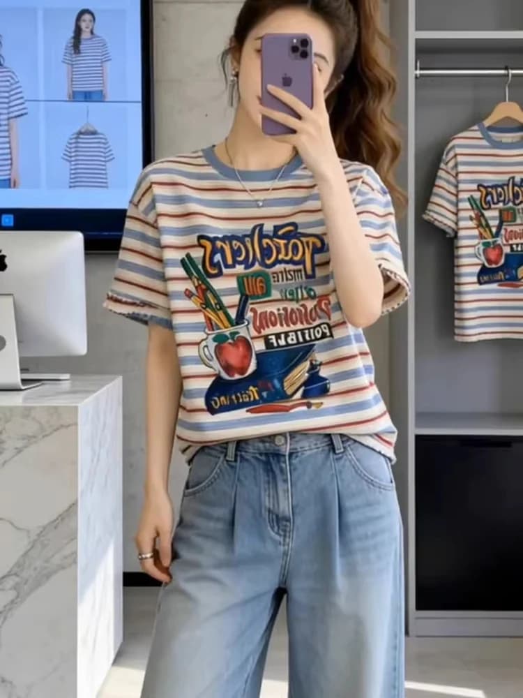 Loose Fit Retro Striped Letter Print Short Sleeve T-Shirt Women's Summer New Style Versatile Half Sleeve Top Large Size